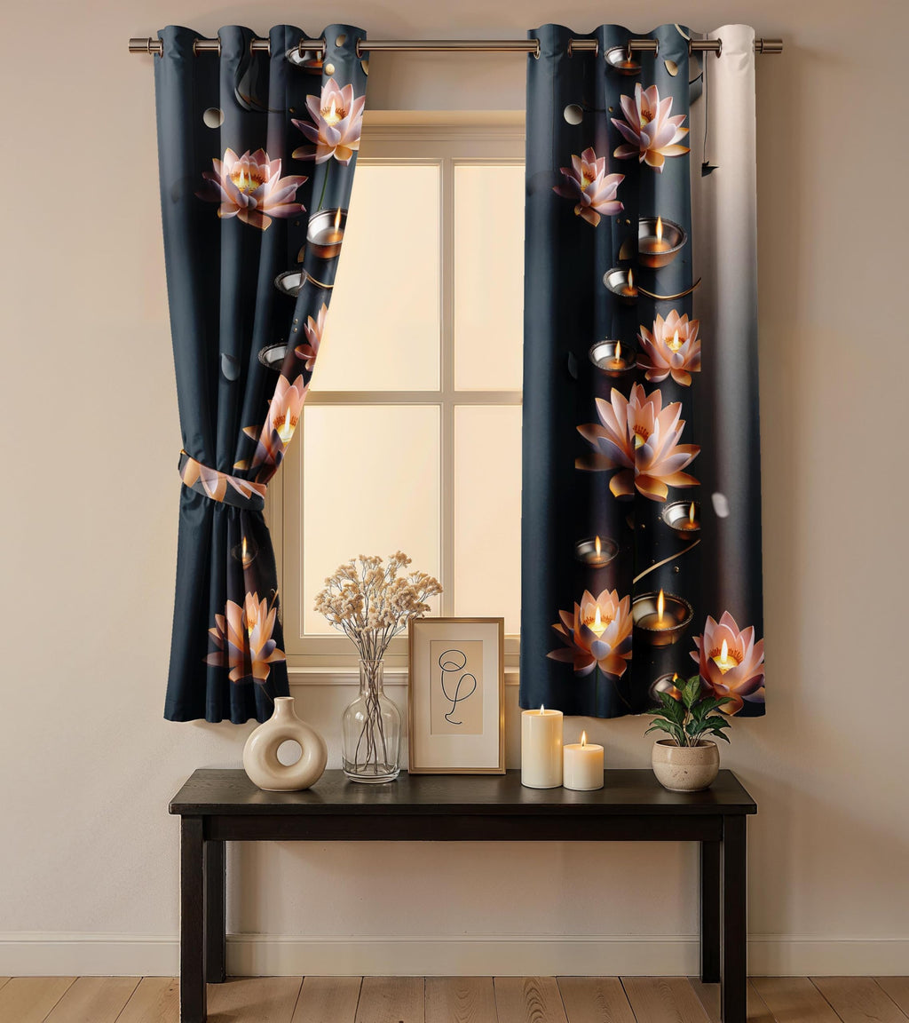 Ultimate Trends Festival Themed Light Filtering Polyester Curtain Diya, Lantern, Lotus & Fireworks Print | Ideal for Diwali, Pooja Room, Living Room Dcor | Eyelets| Pack of 2