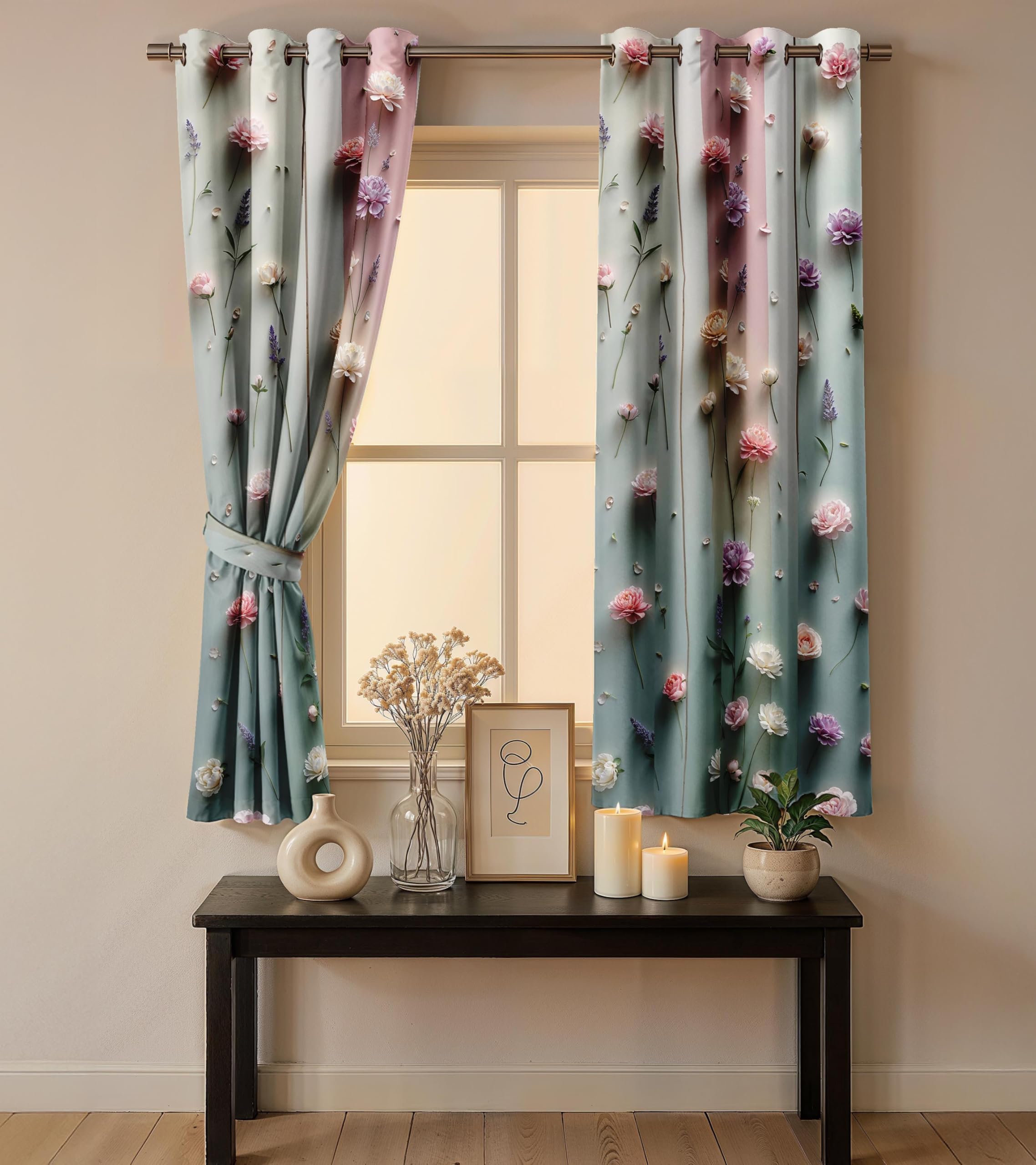 Ultimate Trends Room Darkening Digital Printed 3D Prints Curtain 65-70% Opacity ,Diamond Eyelets, Tie Back, Floral Decorated , Pack Of 2