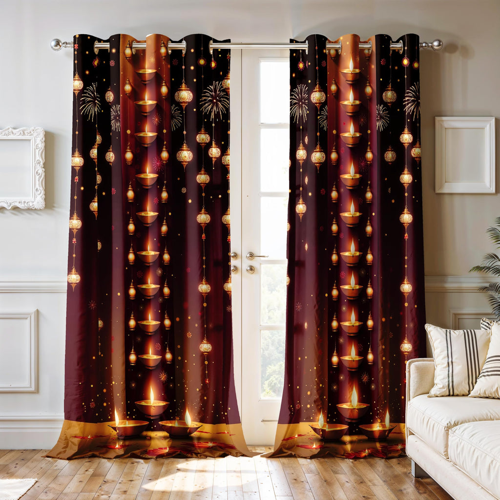 Ultimate Trends Festival Themed Light Filtering Polyester Curtain Diya, Lantern, Lotus & Fireworks Print | Ideal for Diwali, Pooja Room, Living Room Dcor | Eyelets| Pack of 2