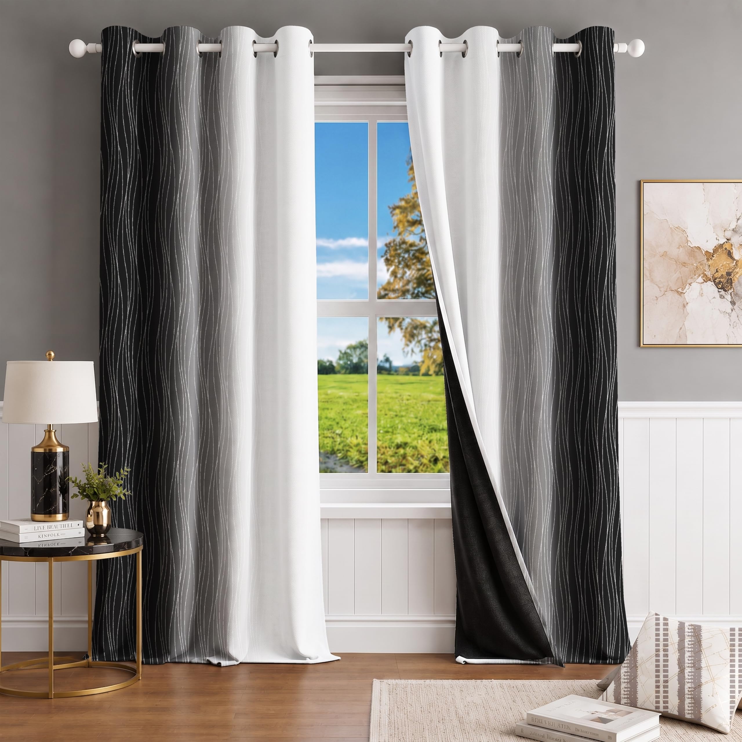 Ultimate Trends Ombre Blackout Curtains for Bedroom Room Darkening Curtains for Living Room,Energy Saving,Thermal Insulated Grommet Window Drapes, Black And Greyish White , 5 FEET ,2 Panels