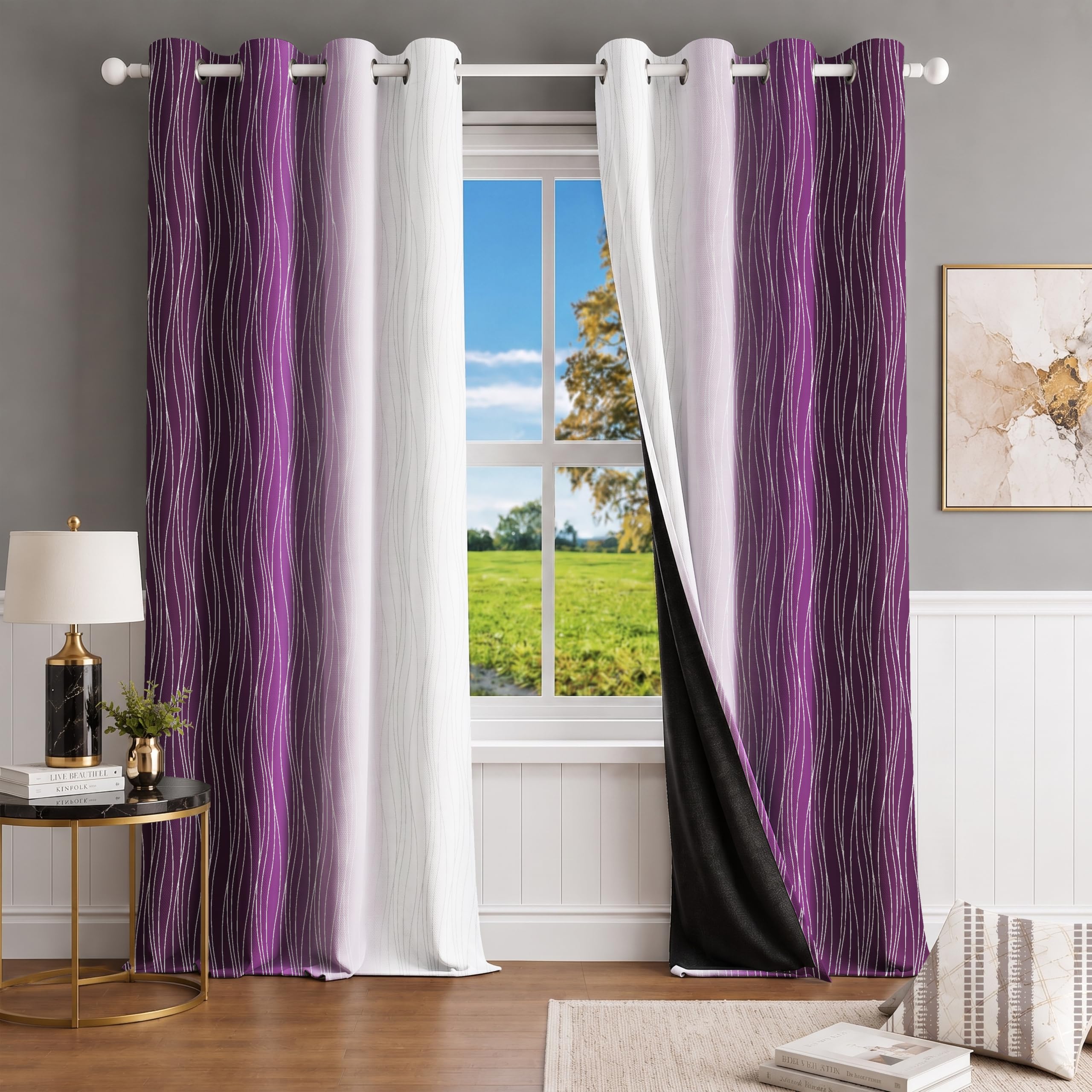 Ultimate Trends Ombre Blackout Curtains for Bedroom Room Darkening Curtains for Living Room,Energy Saving,Thermal Insulated Grommet Window Drapes, Purple And Greyish White , 5 FEET ,2 Panels