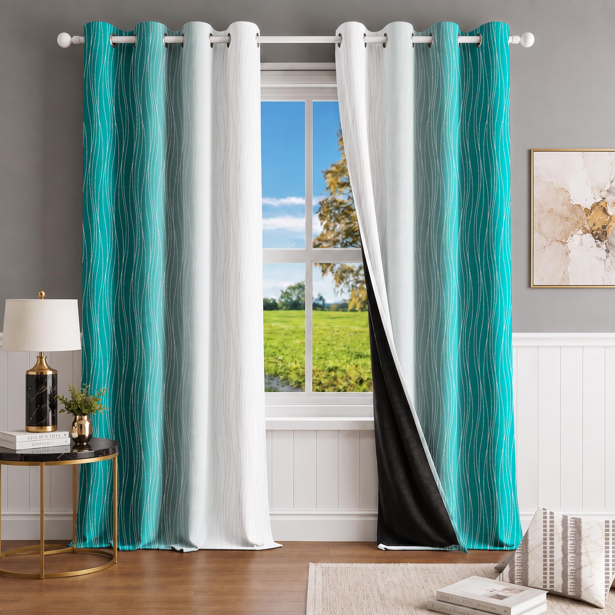 Ultimate Trends Ombre Blackout Curtains for Bedroom Room Darkening Curtains for Living Room,Energy Saving,Thermal Insulated Grommet Window Drapes, Teal And Greyish White , 5 FEET ,2 Panels