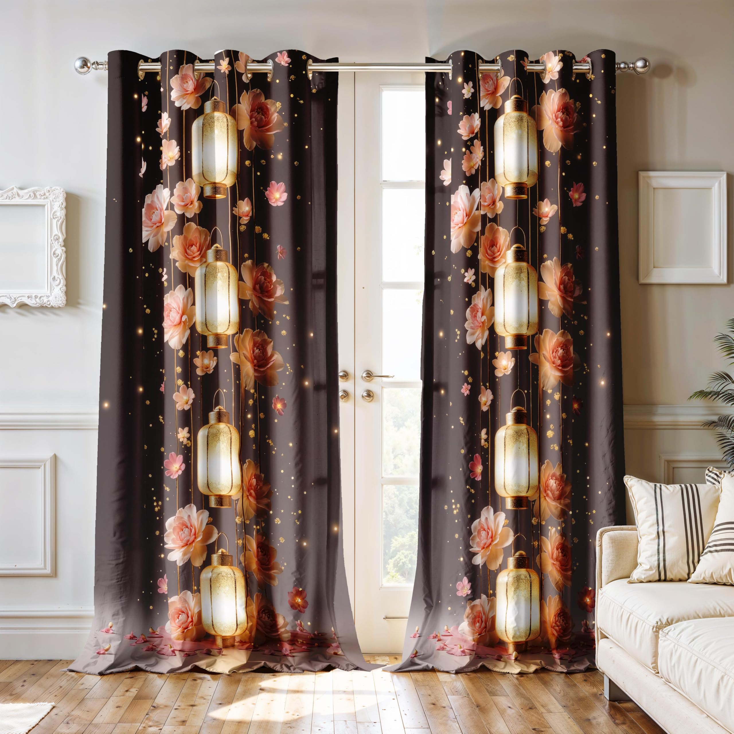 Ultimate Trends Festival Themed Light Filtering Polyester Curtain Diya, Lantern, Lotus & Fireworks Print | Ideal for Diwali, Pooja Room, Living Room Dcor | Eyelets| Pack of 2
