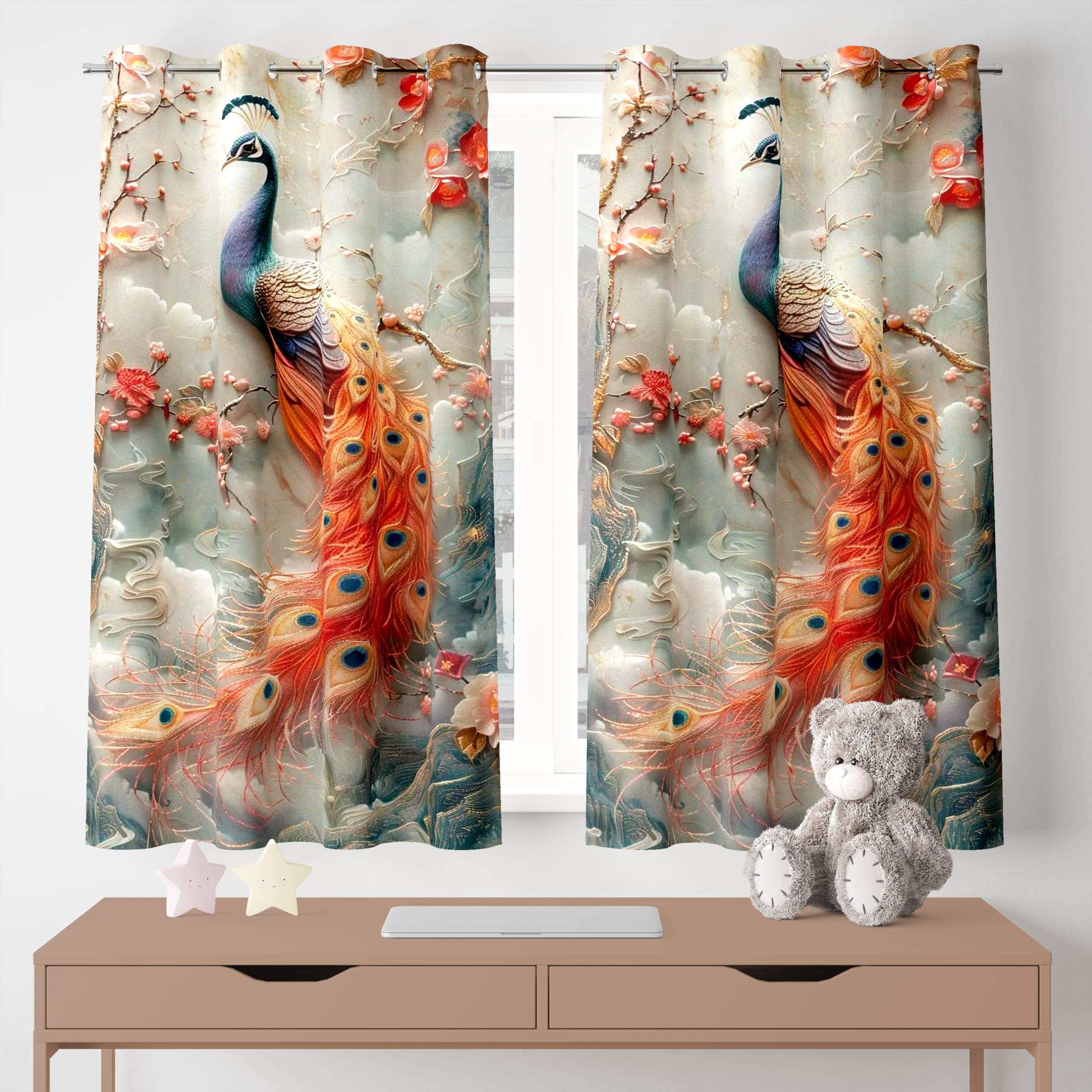 Ultimate Trends Digital Printed |Peacock Prints| Light Filtering Curtains For Windows & Doors | Multiple Styles & Colors | Set Of 2