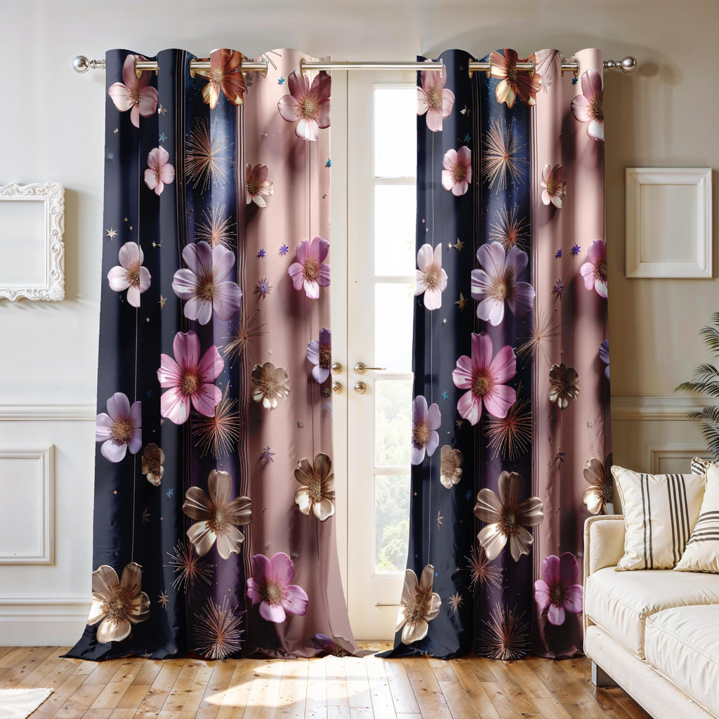 Ultimate Trends Room Darkening Digital Printed 3D Prints Curtain 65-70% Opacity ,Diamond Eyelets, Tie Back, Floral Decorated , Pack Of 2