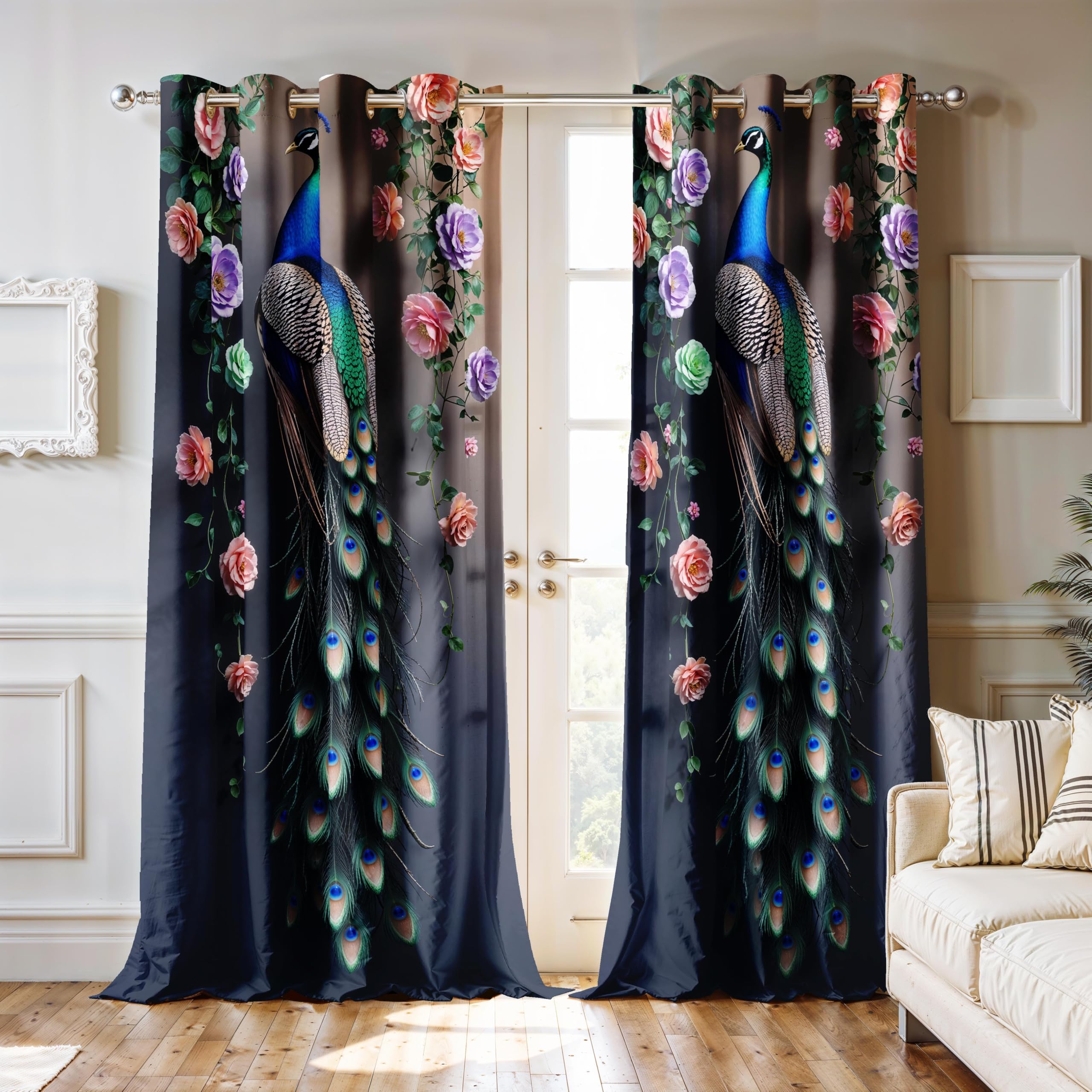 Ultimate Trends Digital Printed |Peacock Prints| Light Filtering Curtains For Windows & Doors | Multiple Styles & Colors | Set Of 2